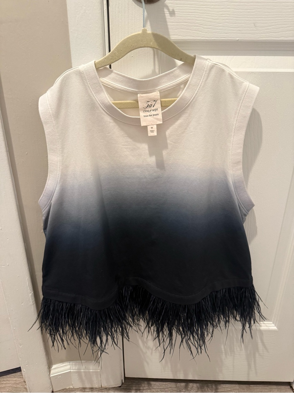 Cinq a sept White to Black Ombre Feather Trim Sleeveless Top